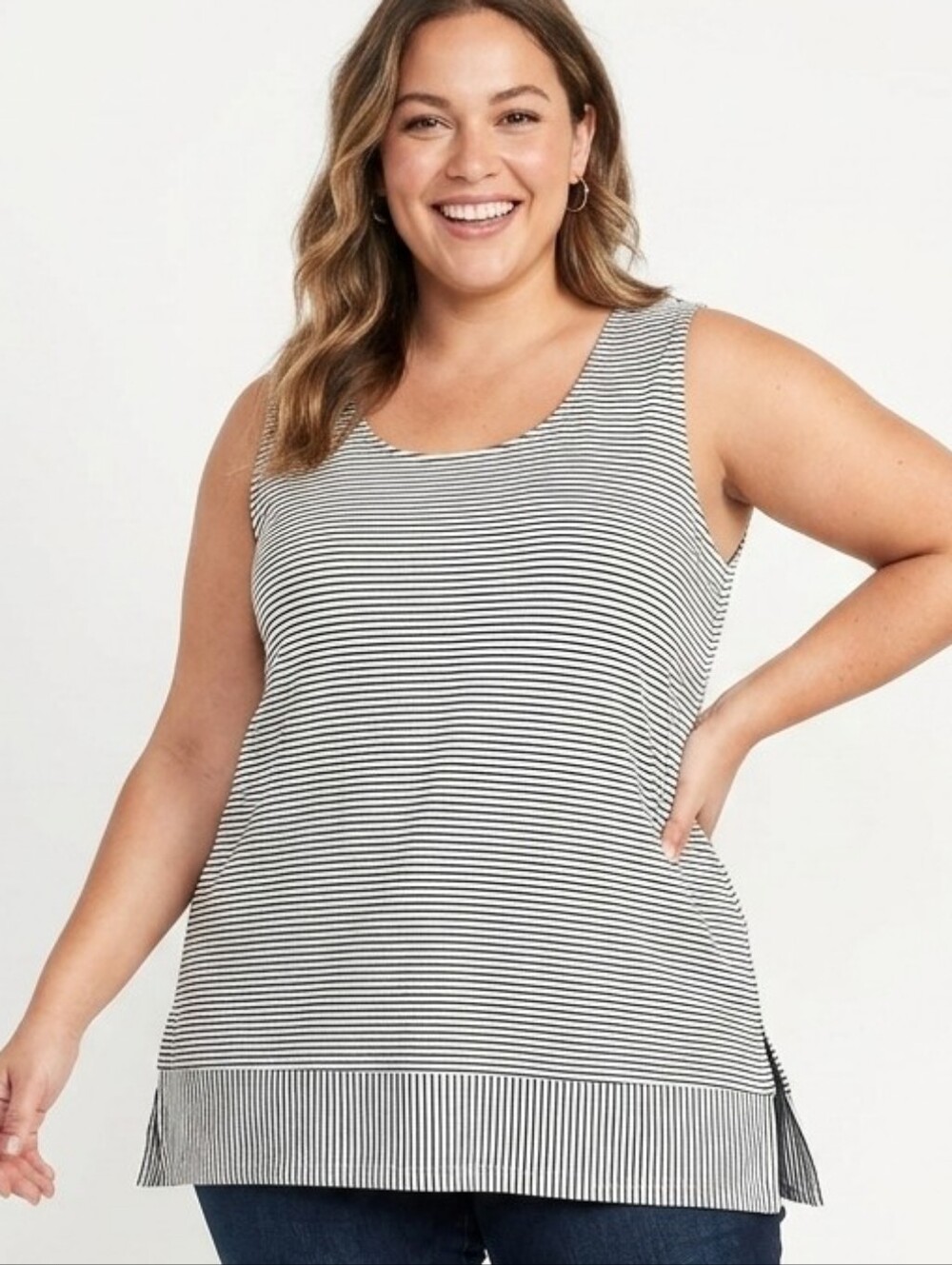 Lands' End Plus Size Black and White Striped Sleeveless Scoop Tunic